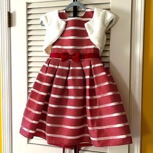 Jona Michelle Kids Girls Holiday Dress Red Stripe w/ Fur Jacket